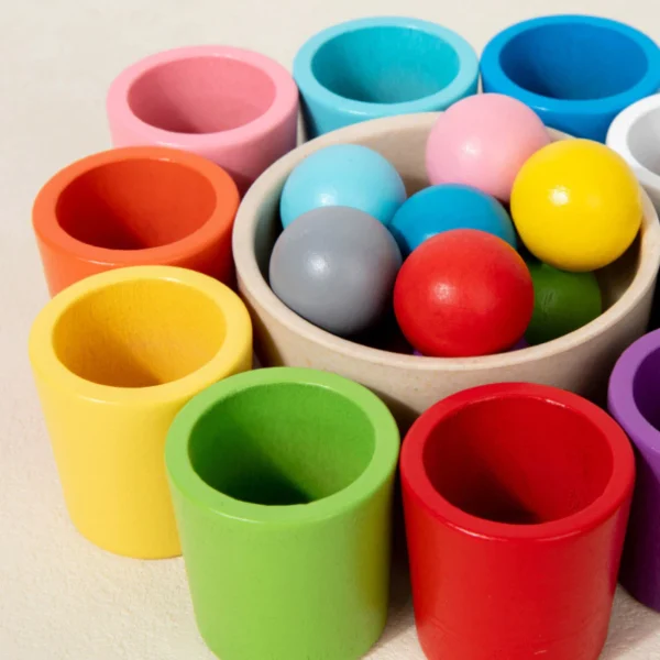 การจดจําสี Montessori Rainbow Ball ลูกบอลไม้ 10 สี และถ้วยสี สีรุ้ง ขนาดใหญ่ 25 มม.